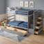 Lit superposé simple au-dessus de simple 6 tiroirs en bois avec escalier et garde-corps-480702814