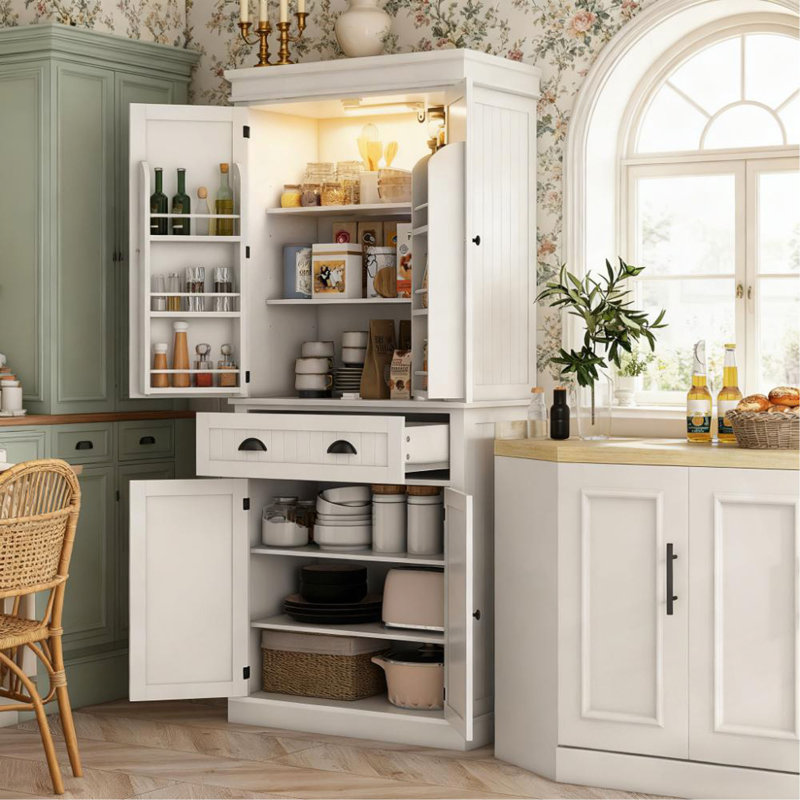 Armoire de cuisine avec lumières DEL, tablettes de porte, tiroir et tablettes réglables, Blanc
