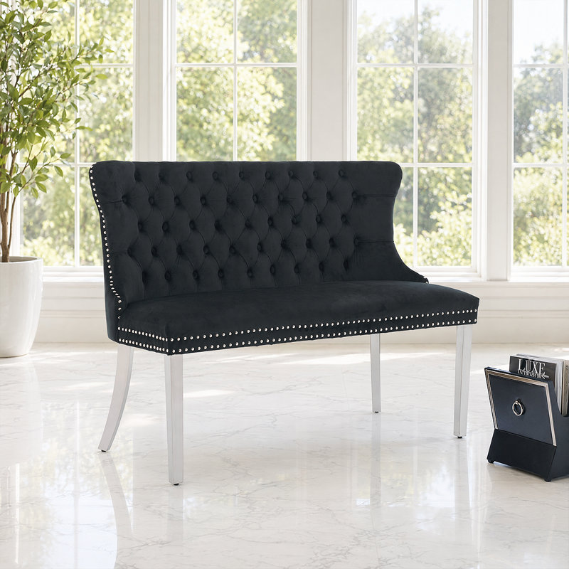 Banc de causeuse Elegant - revêtement en velours doux, dossier à oreilles capitonné, Noir, Argent argent