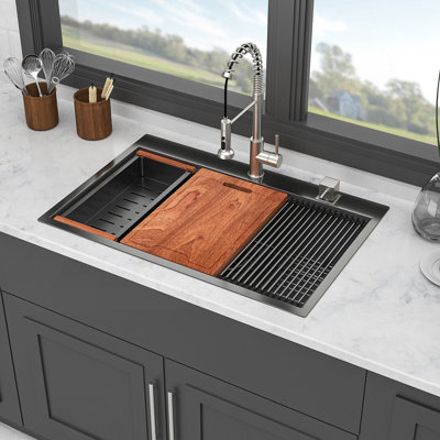 33-Inch Topmount Single Bowl Stainless Steel Kitchen Sink With Ledge Workstation And Sound-Dampening Design