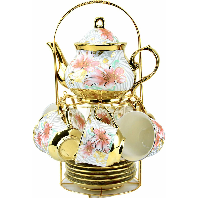 20-Piece Porcelain Tea Set - European Flower Design With Metal Holder & Spoons, 6-Person Set