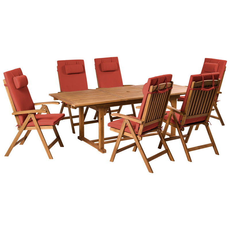 Aarica 6 - Person Acacia Patio Dining Set with Rectangular Table , Cushions Included, Red