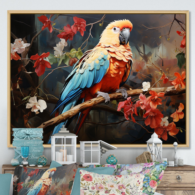 Perroquets harmonie en rouge II - impression d'art mural perroquet, H 30 po x l 40 po x P 1,5 po, Cadre flottant naturel