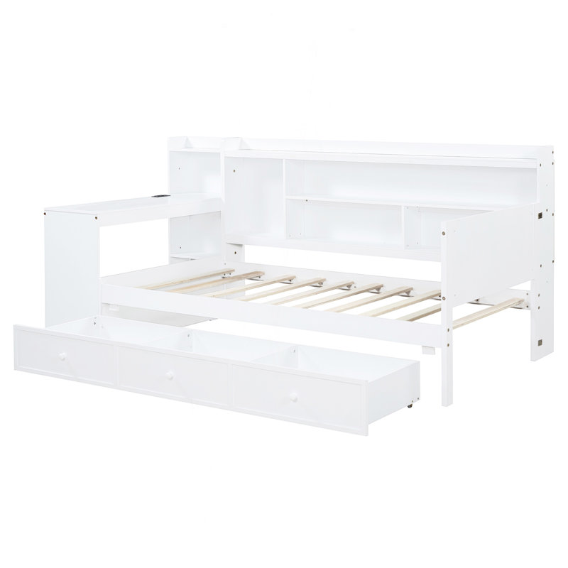 Twin Size Wooden Daybed With 3 Drawers, USB Ports And Desk , White, Twin