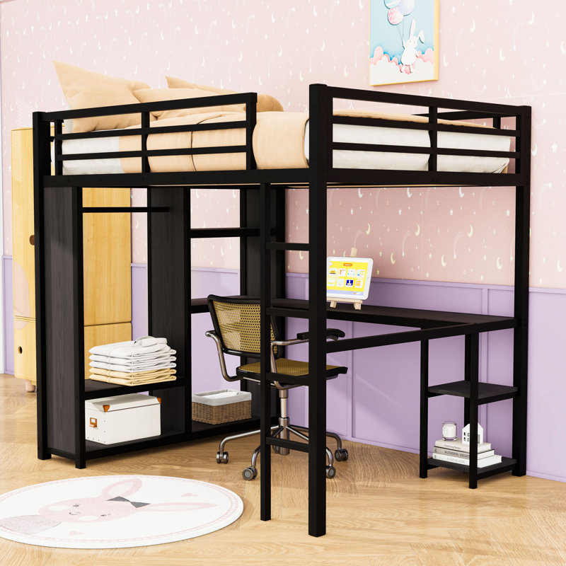 Loft Bed with Built-In Wardrobe, Desk, Storage Shelves and Guardrails, Black, Full