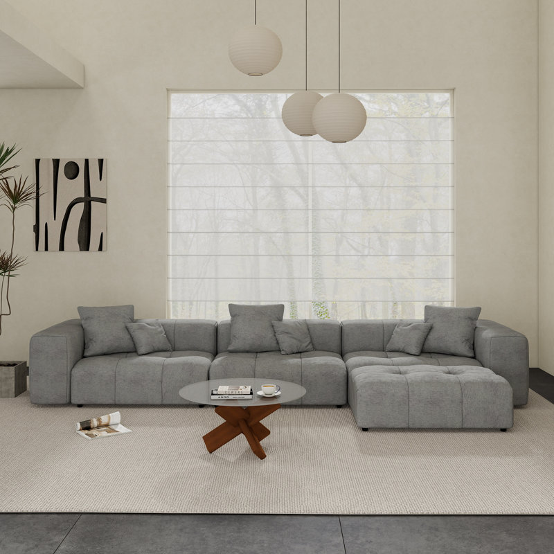 Kay Crumley 4-Piece Upholstered Modern Linen Fabric Sectional Sofa With Ottoman, Gray, 24.8" H x 131.14" W x 68.05" D