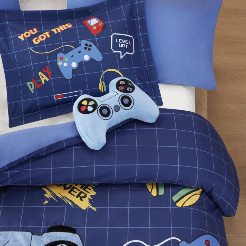 Ensemble de couette imprimé brodé en microfibre 6 pièces, bleu marine, Queen