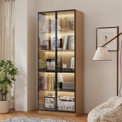 Vitrine haute 78,7 "avec porte vitrée, éclairage ambiant à DEL multicolore, grande bibliothèque à 5 niveaux avec armoire de rangement pour le salon, naturel