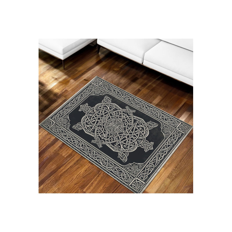 Tapis noir lavable à motif géométrique à motifs tissés, Sous-tapis rectangulaire de 3 pi 3 po x 4 pi 11 po