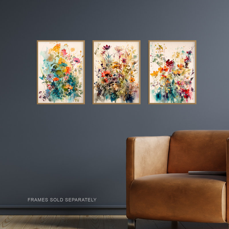 Wildflowers Colourful Floral Artworks Flower - 3 Piece No Frame Print Set, 40.5cm H x 30.5cm W x 0.3cm D