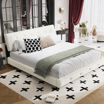 Structure de lit très grand, tête de lit capitonnée avec un très grand coussin ultra doux, lit plateforme en chenille avec support double en lattes de métal et de bois, solide et stable, silencieux, beige