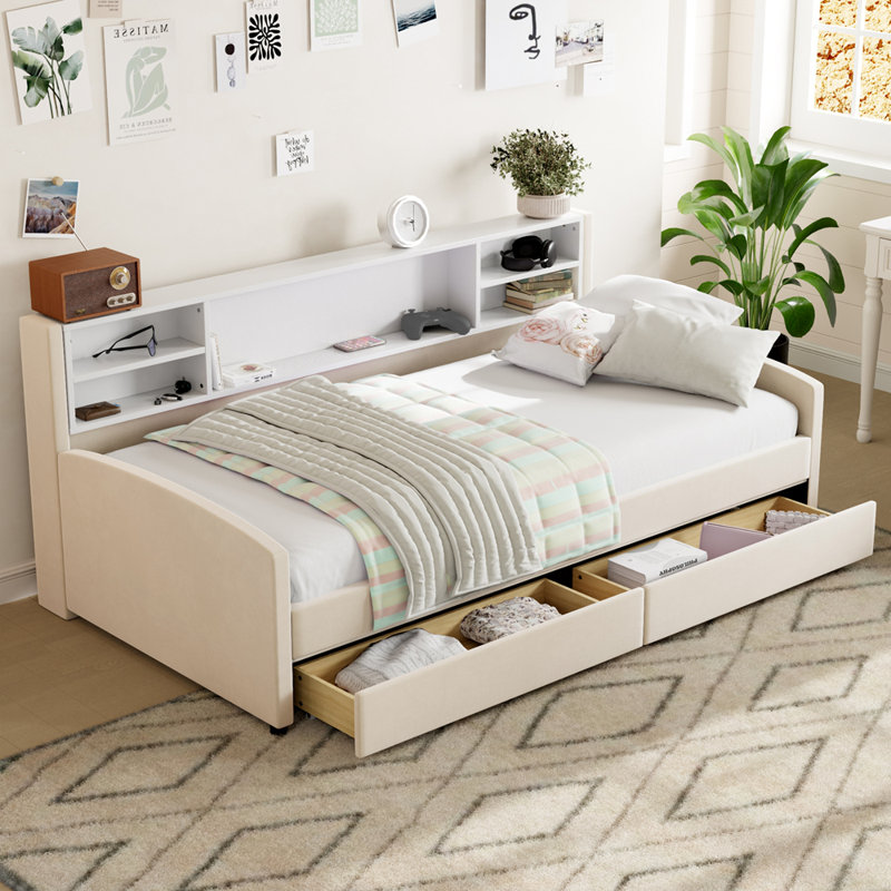 Lit plateforme tapissier simple en velours avec tiroirs, Beige