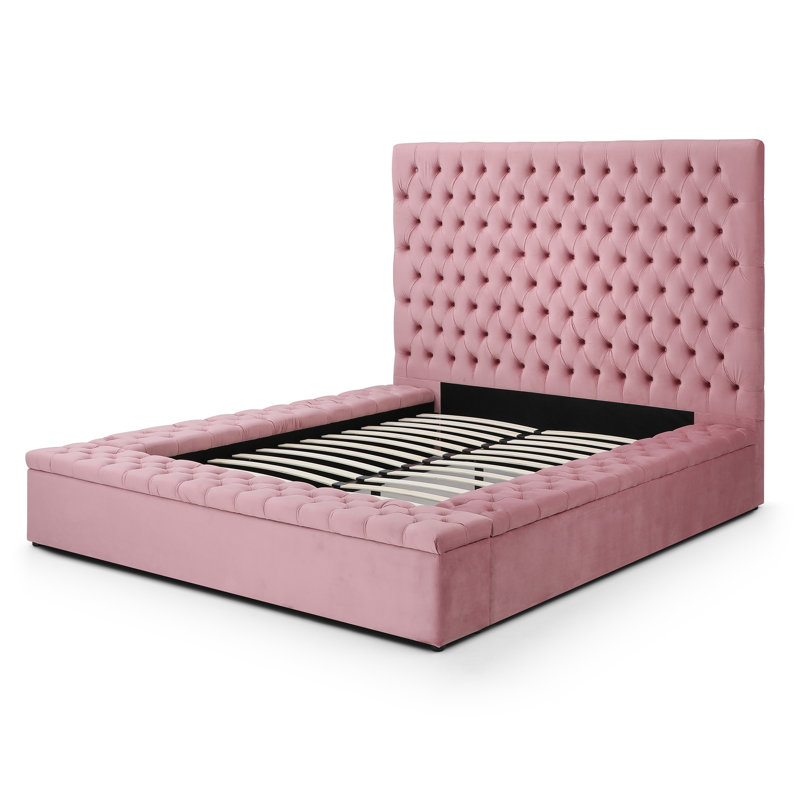 Lit plateforme tapissier Mikara, Rose, Grand