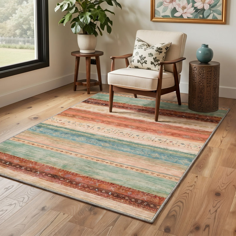 Tapis de couloir rayé corail / bleu sarcelle lavable à la machine avec envers antidérapant, Tapis de couloir 96 po x 30 po