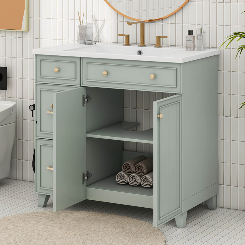36" Bathroom Vanity With Ceramic Sink,Storage Cabinet With Standard & Drawers & Soft Close Doors & Adjustable Shelves, Green
