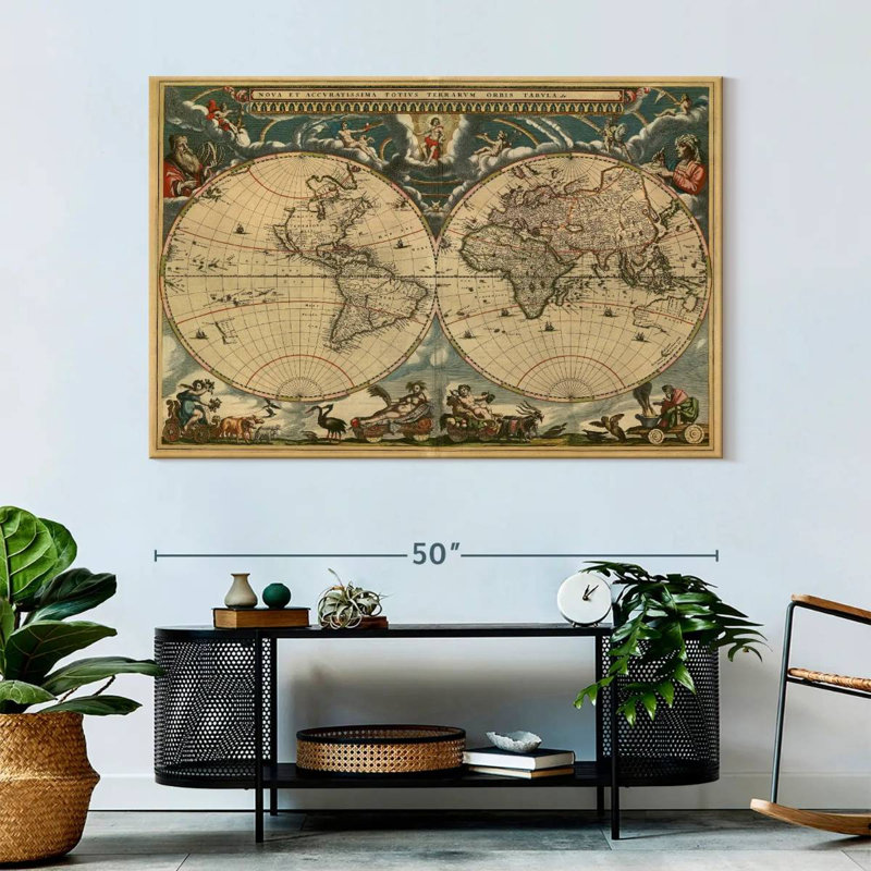 Carte du monde Aliaz des années 1600, H 34 po x l 51 po