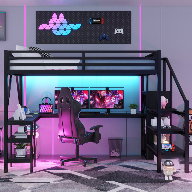 Queen Size Metal Loft Bed with L-Shaped Desk, Wardrobe, LED Lights & USB Charging Station for Kids Teens Adults, Black