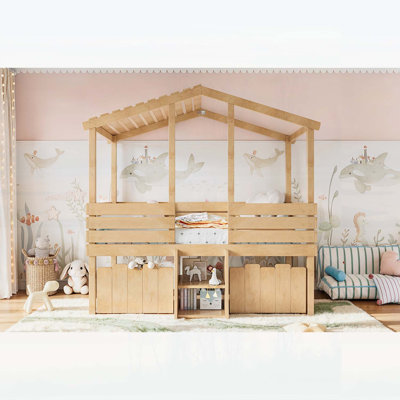 Lit mezzanine simple avec de jolis escaliers et 2 grands tiroirs de rangement, lit mezzanine bas avec toit en forme de maison, conception enfantine et sans sommier, style campagnard, naturel