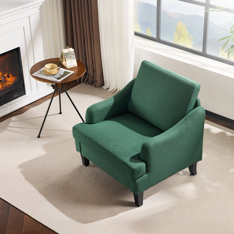 Ebern Designs 30.71"W Small Space Reading Chair Mid Century Curved Arm Linen Accent Chair, Green Linen