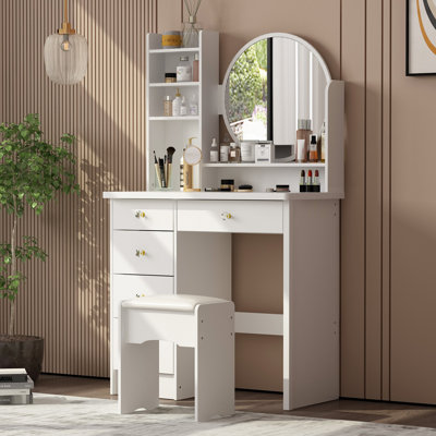 Coiffeuse élégante avec miroir rond et tabouret rembourré - Rangement spacieux pour les essentiels de beauté