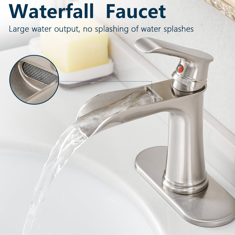 Modern Bathroom Tap - Waterfall With Pop Up Drain, Brushed Nickel, Single Hole, Side , Cartridge Valve, Handle, Geometric Shape, Interior Ideas Nickel Sink Style, Faucet