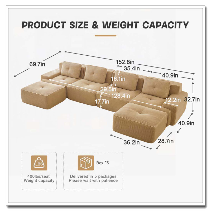 Canapé modulaire en tissu Corduroy, Chameau