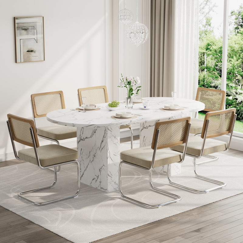 Ensemble de table de salle à manger Modern, Blanc, 7 pièces : table, 6 chaises, Beige