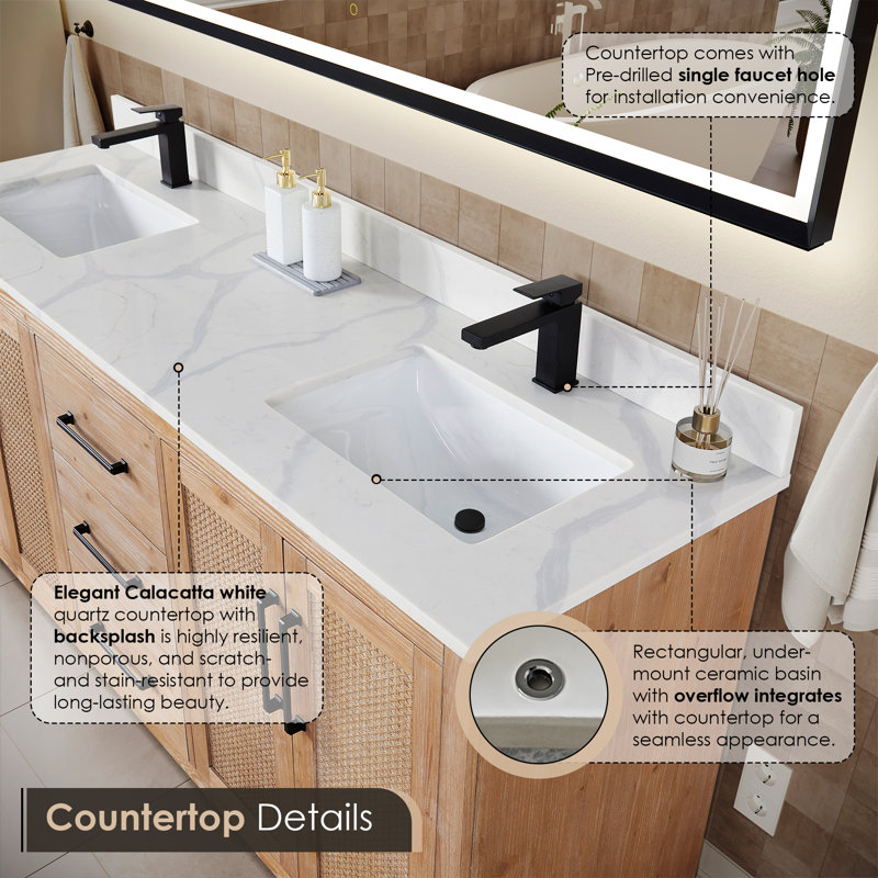Meuble-lavabo double 72 po avec comptoir en quartz blanc Calacatta avec miroir Deach