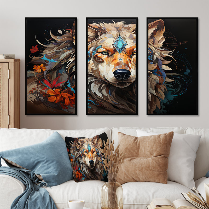«Native Spiried Lakota Wolf», ensemble d'art sur toile Native American, Cadre flottant noir, H 32 po x l 48 po x P 1 po