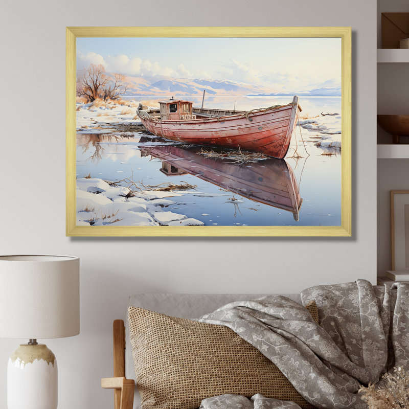 Rouge et blanc, bateau de pêche d'hiver Tranquility I - art mural minimalisme, Cadre doré à coins fermés