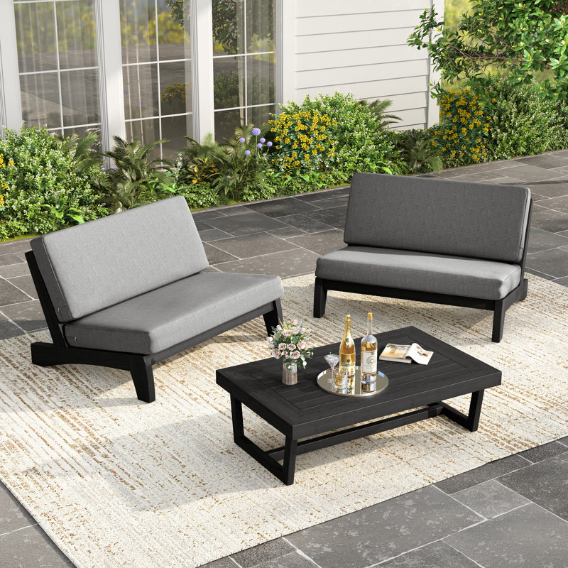 Polett 3-Piece Complete Solid Teak Wood Patio Set, Outdoor Conversation Set with 2 Loveseats, Coffee Table and Weather-Resistant Cushions