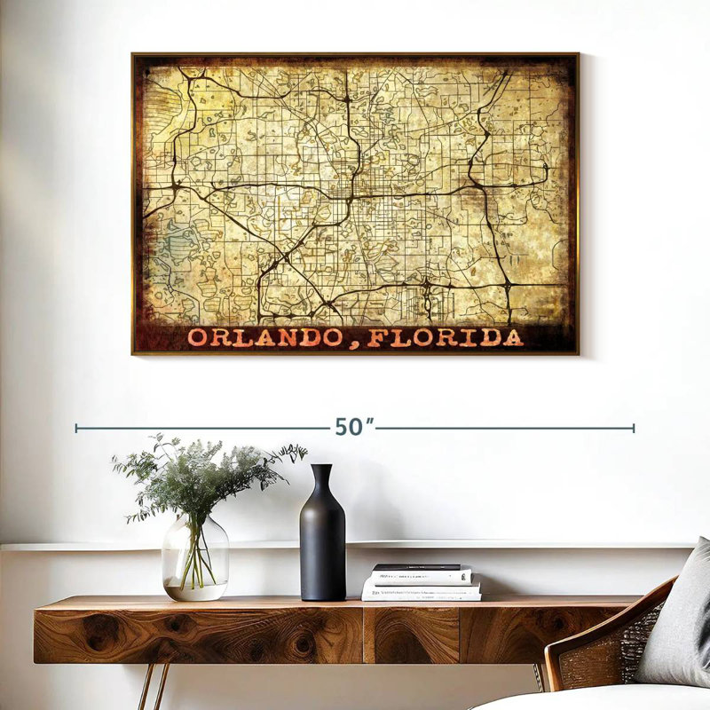 Rétro carte de la ville de Orlando, Cadre flottant doré, 40 po x 27 po