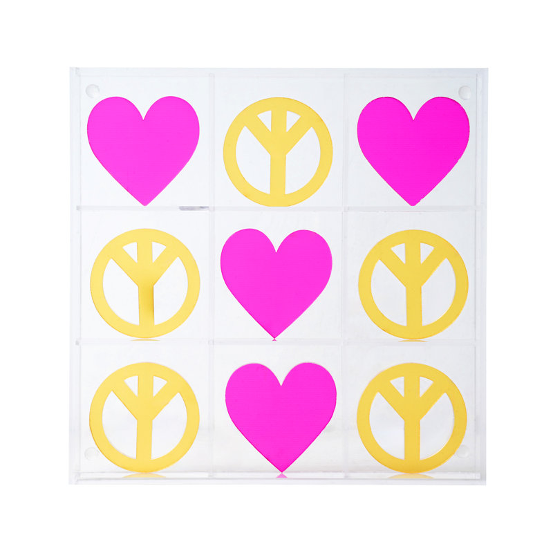 Ensemble de jeu de société Tic Tac Toe Noughts and Crosses, signes de paix et de cœur - décoration de table basse, rose / jaune, 10 po x 10 po