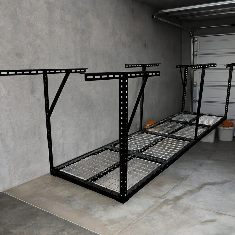 Sleek Black Adjustable Overhead Garage Storage Rack, 2x8FT Heavy Duty Steel Ceiling Organization System