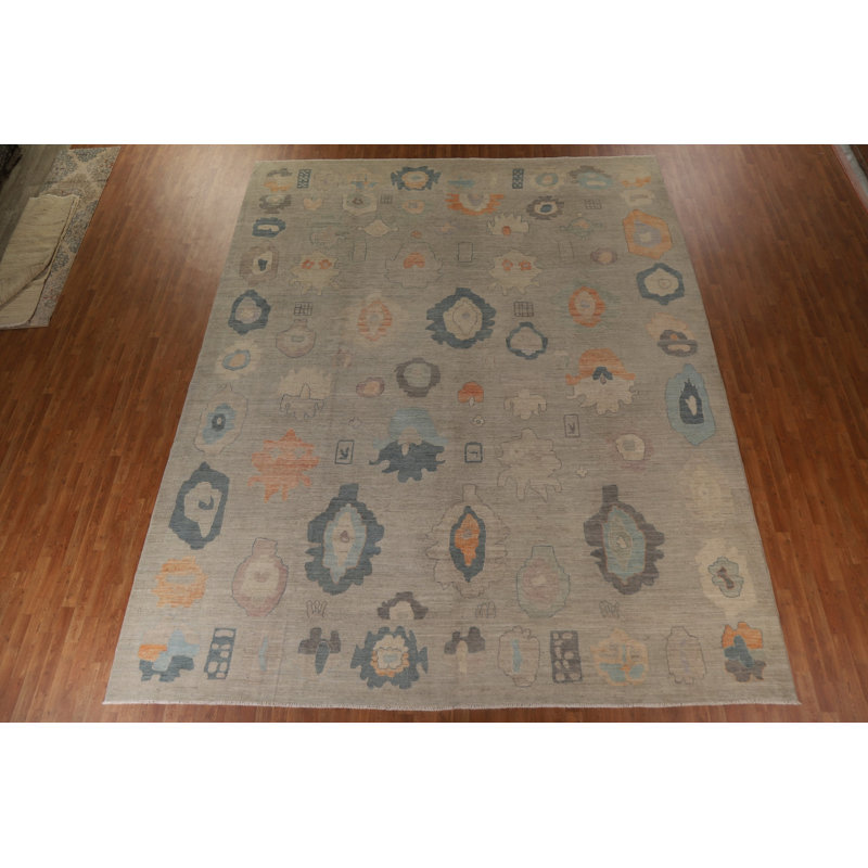 Tapis unique en laine noué à la main gris nouvel âge de 12 pi 1 po x 14 pi 9 po Oushak