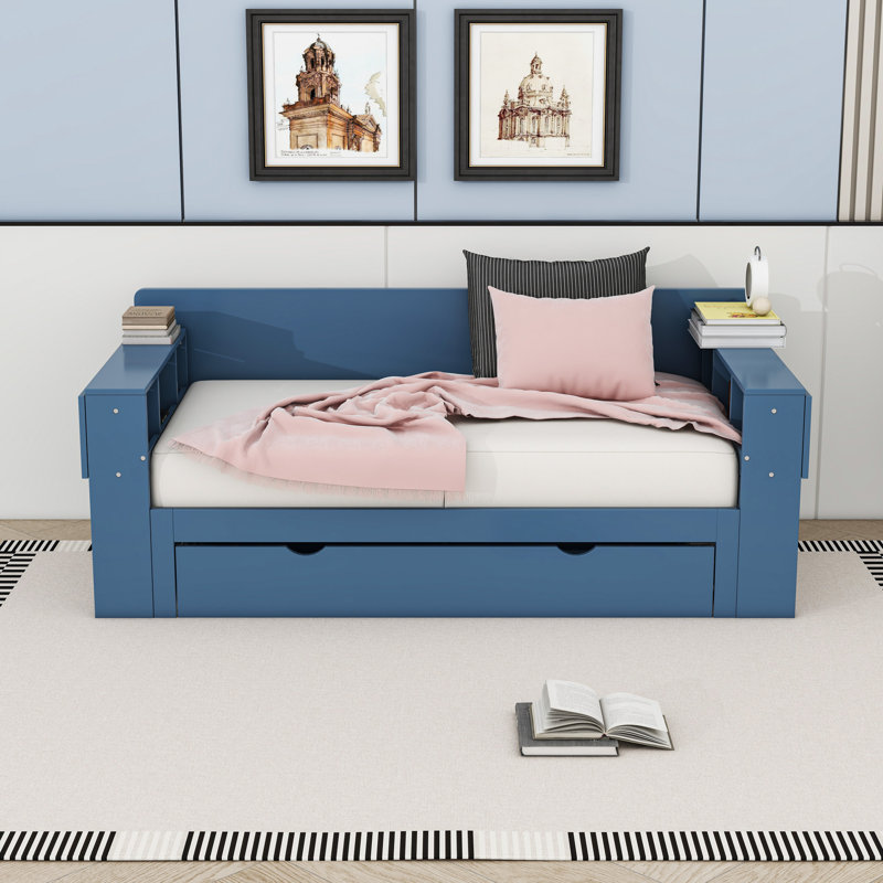 Wood Daybed with Removable Desk, Storage Drawers and Shelves, Blue, Full/Double