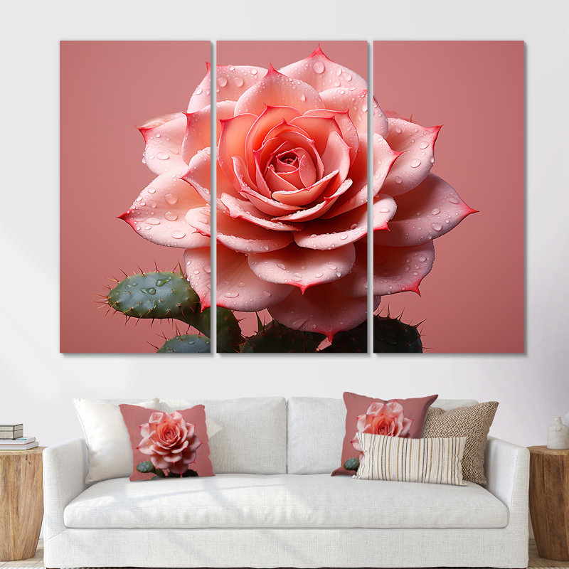 Cactus Rose Resilience I - Ensemble de décoration murale cactus floral, H 60 po x l 84 po x P 1,5 po, Toile tendue