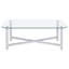 Table basse élégante en verre avec base ouverte en métal
