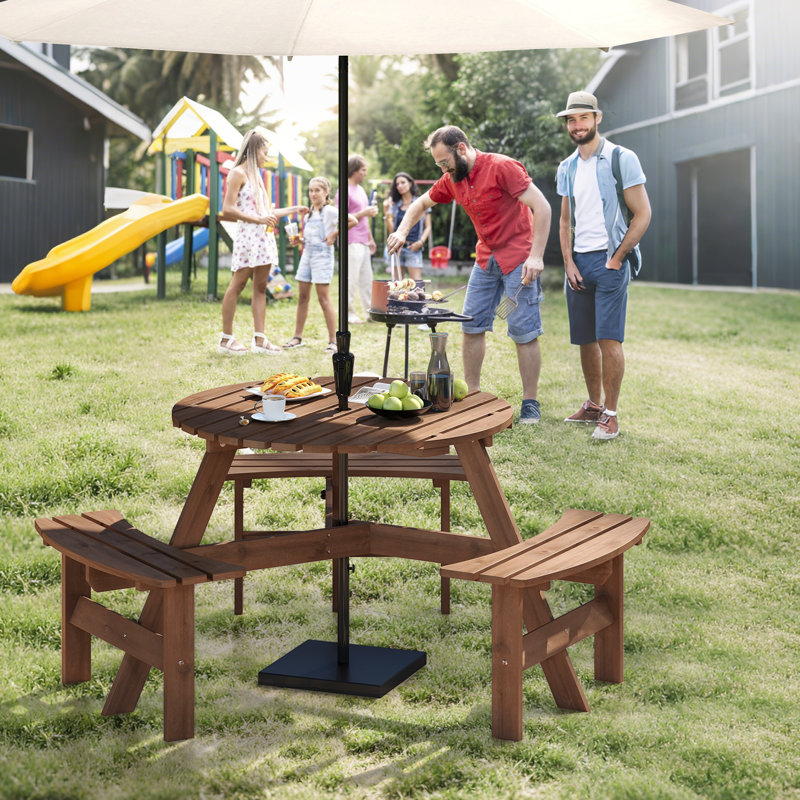6-person Round Picnic Table Set With 3 Built-in Benches 2" Umbrella Hole, Brown