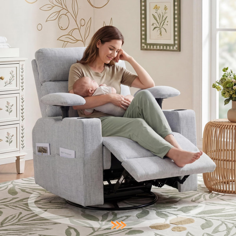 360°Swivel Rocker Recliner Chair With Adjustable Armrests&Headrest,Nursery Glider For Breastfeeding, Gray Chenille
