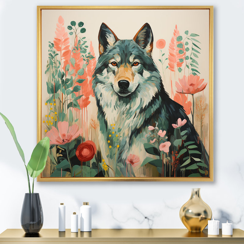 Portrait de loup bohémien rose et vert II - loup, art mural, Cadre flottant doré, H 36 po x l 36 po x P 1,5 po