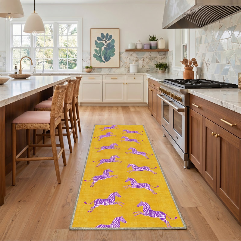 Aldovin Zebralume Animal Print Machine Washable Purple / Yellow Indoor Area Rug with Non-Slip Backing, Runner 2' x 7'