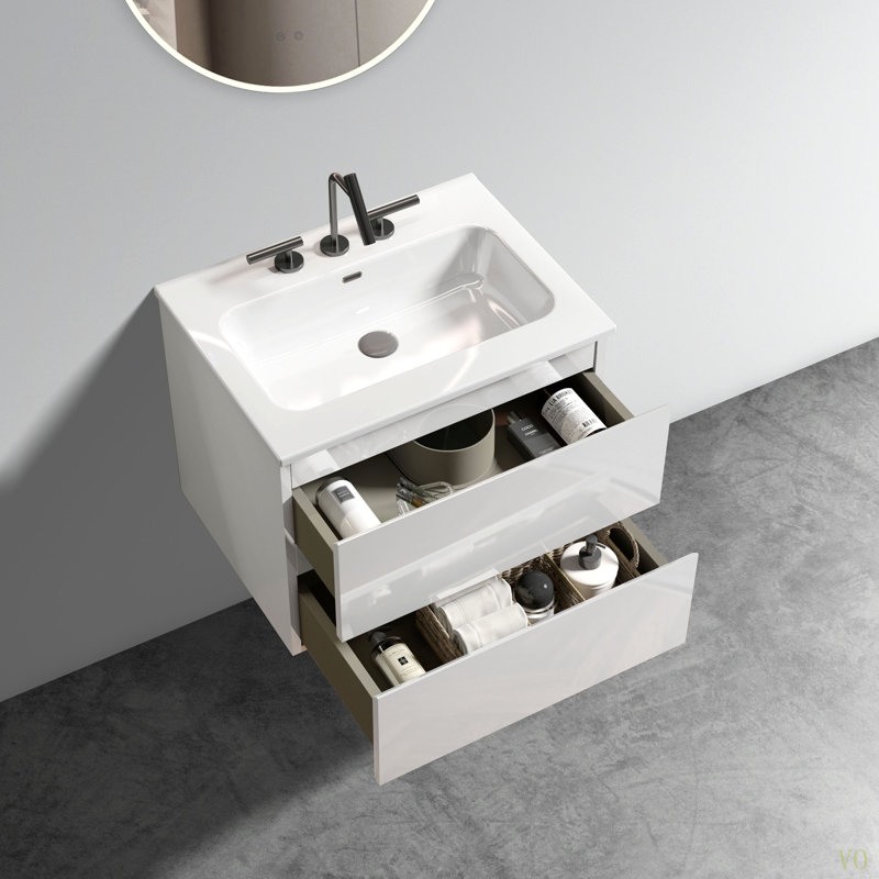 Meuble-lavabo mural 24 po avec lavabo en céramique brillant avec trois trous de robinet, grand meuble-lavabo flottant pour salle de bain, lavabo une pièce sans drain, pré-assemblé