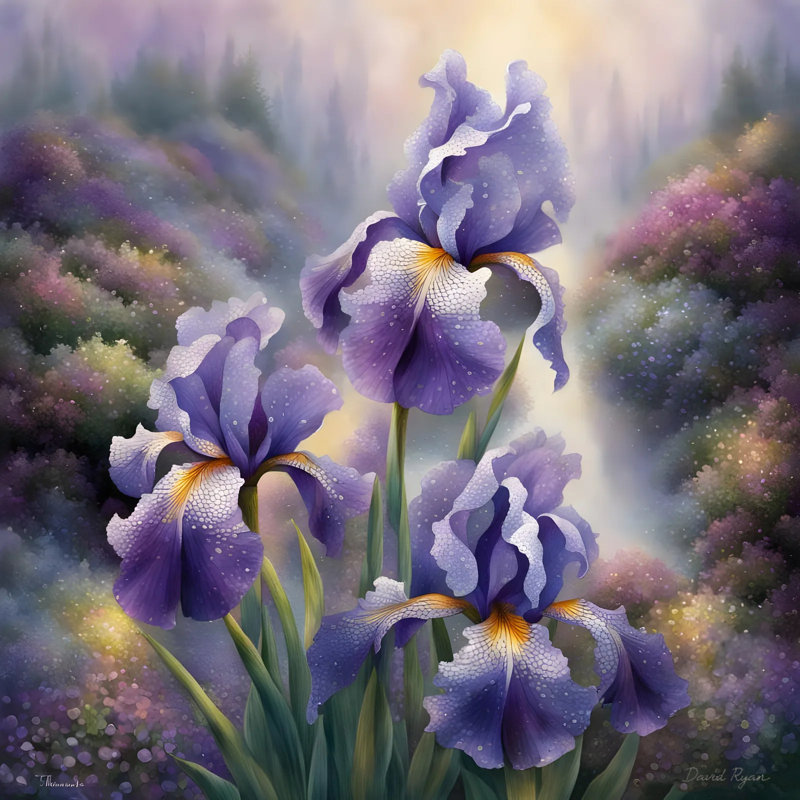 Romantic Dewy Iris Field at Sunrise