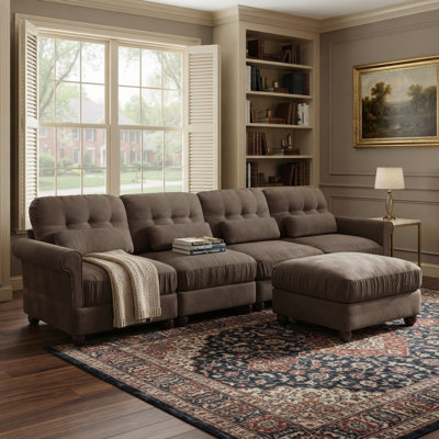 Ensemble de salon modulaire 5 pièces en chenille avec canapé 4 places et pouf, assises profondes et accoudoirs arrondis, brun moka