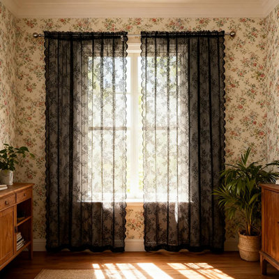 2Pcs Blacklace Flower Romantic Curtains 39X39inch/39X55inch/39X79inch