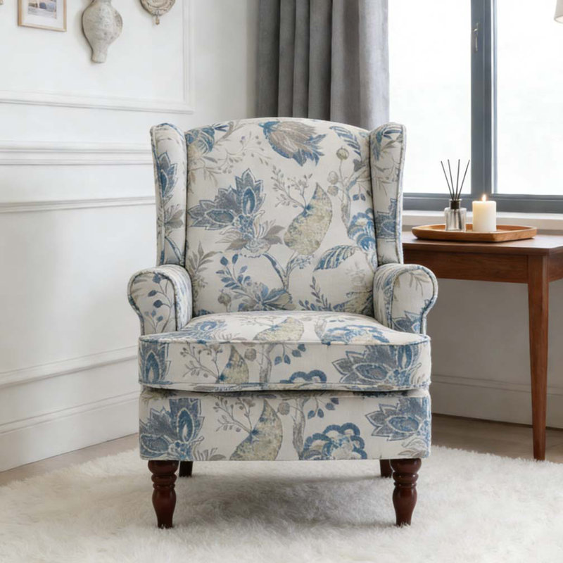 Modern Accent Chair with Retro Wood Legs, Comfy Upholstered Armchair, Antique Blue-1