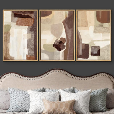 Grunge Abstract Paint Stroke Effect " Brown, Tan And Yellow Polygon Collage Abstract Patterns Modern Art Boho " 3 - Pieces