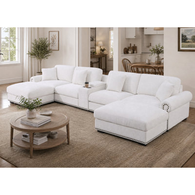 7 - Piece 179.86" U Shape Sectional Sofa Cloud Couch With Removable Ottomans & Cup Holder, USB & Type-C Charging Ports