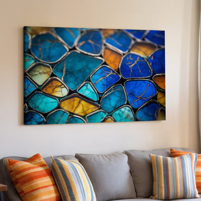 Canvas A Close Up View Of A Mosaic Of Deep Blue Wall Art And Turquoise Gemstones Interspersed With Hints Of Amber And Gold Bringing Canvas Wall Art